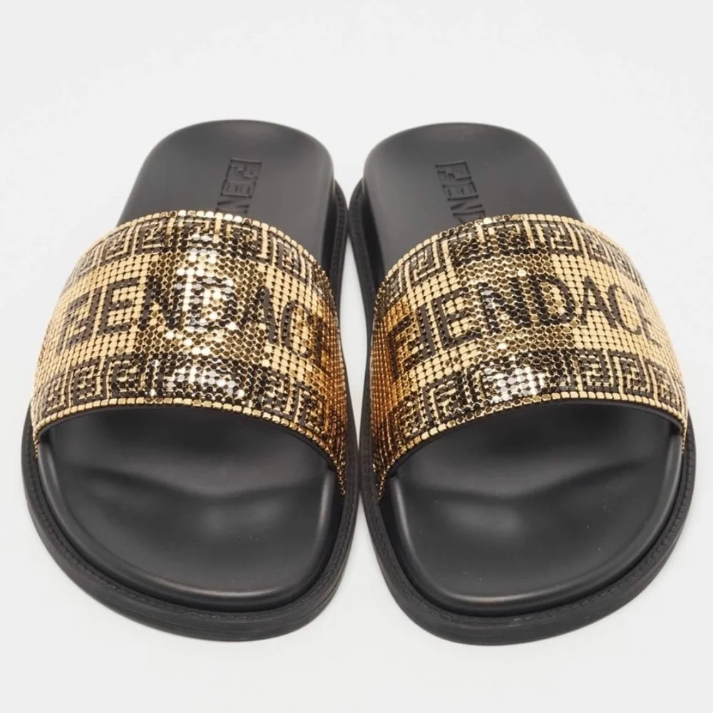 NWT FENDI NIB BLK/GOLD METAL MESH LOGO POOL SLIDES MADE IN ITALY 39EU 8.5 - Picture 3 of 14